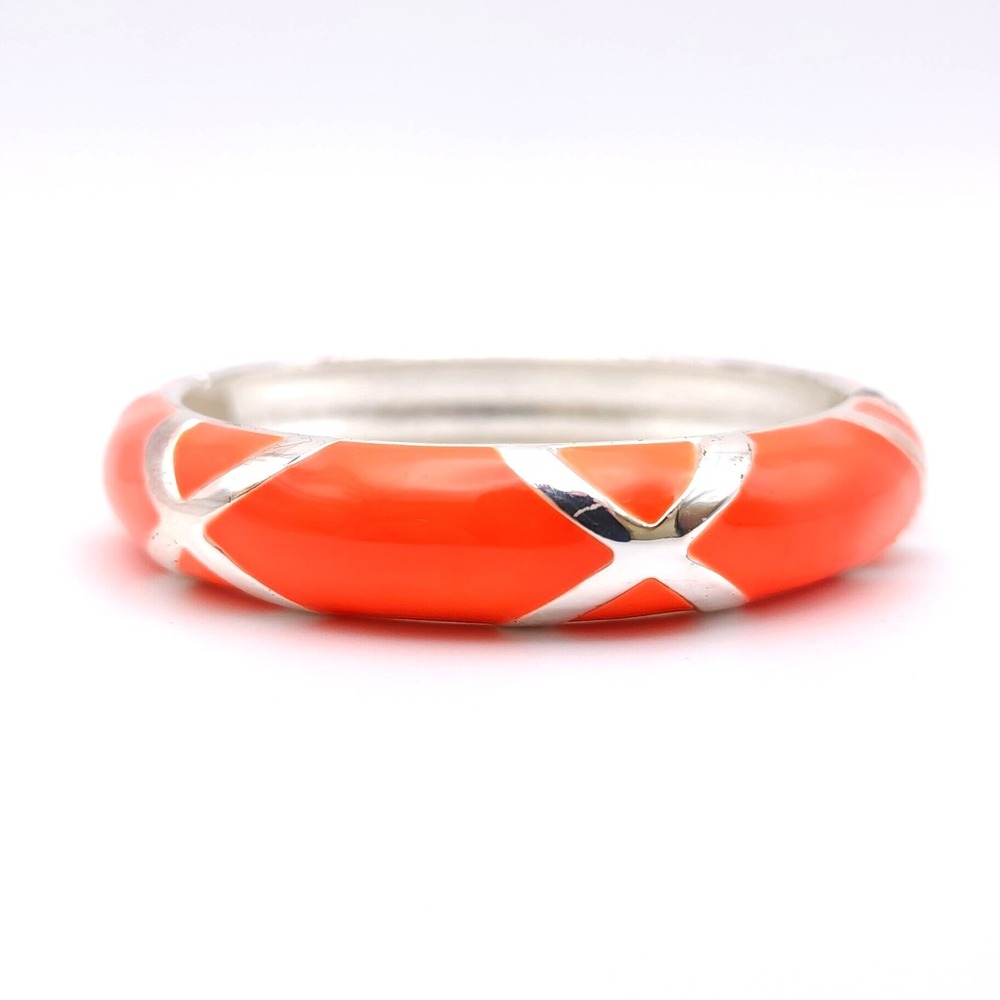 Neon Orange Enamel Hinge Bangle Bracelet Silver Tone X Pattern 7.5" Statement